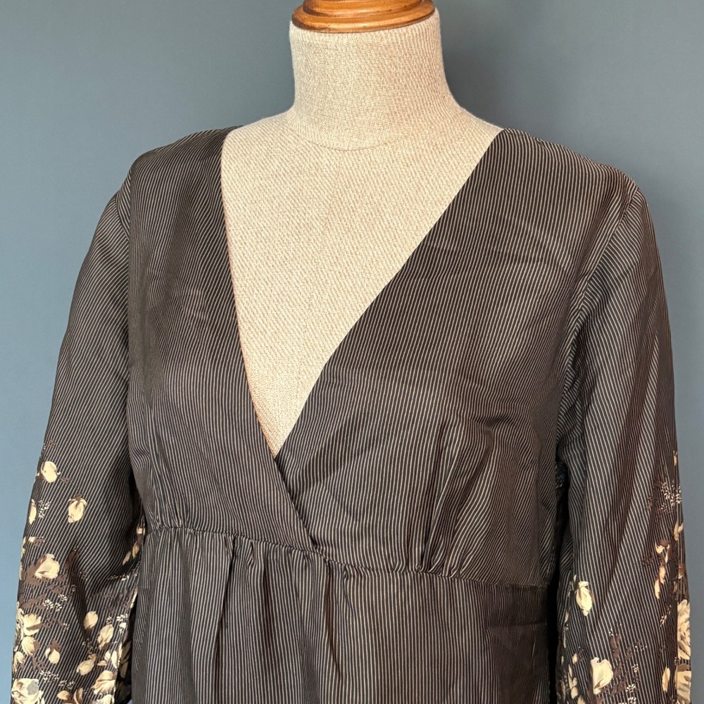 Gold Hawk Silk Floral Dress | Size Med | Brown V-Neck 3/4 Sleeve Boho Slip Midi